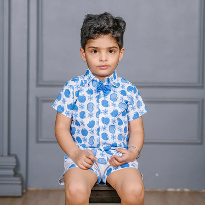 BLUE APPLE PRINT SHIRT PAIRED WITH WHITE SHORTS