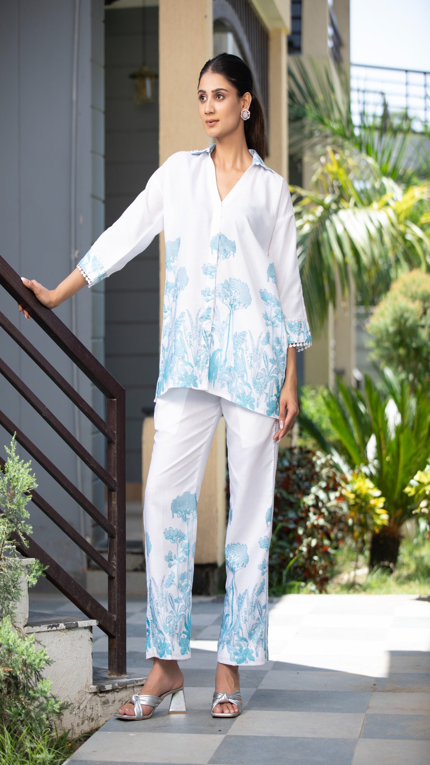 Diya Turquoise Cotton Linen Co-ord Set – Shirt Collar, 3/4 Sleeves