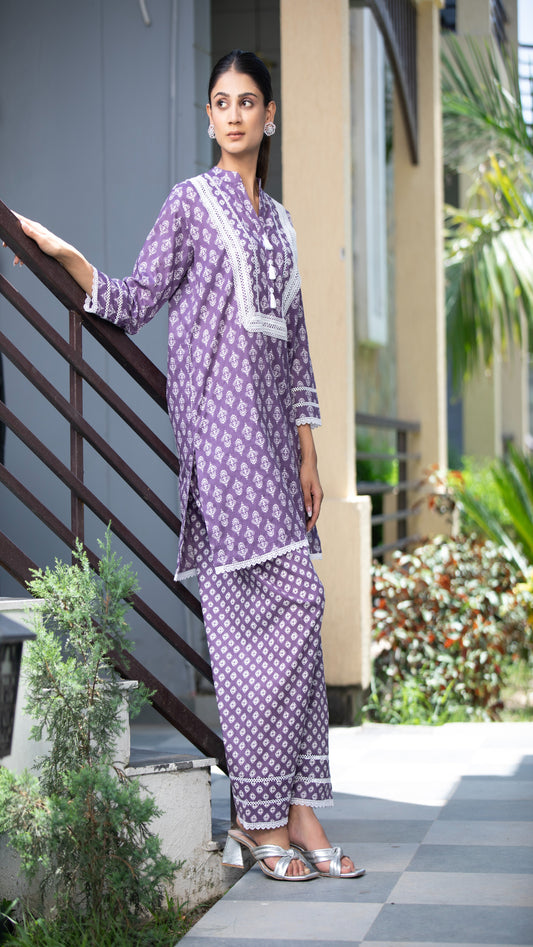 Riya Mauve Cotton Kurta Set – Mandarin Collar, 3/4 Sleeves