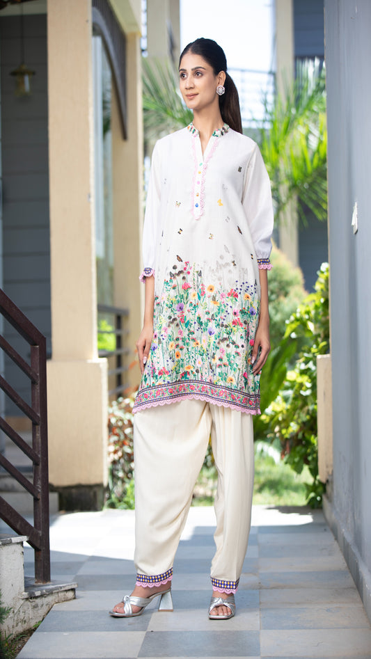 Misha Beige Cotton Linen Kurta Set – Mandarin Collar, 3/4 Sleeves