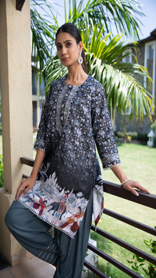 Saanvi Ash Grey Cotton Kurta Set – Mandarin Collar, 3/4 Sleeves