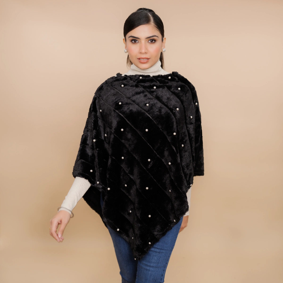 Single Lined Fur Poncho Embellished With Pearls