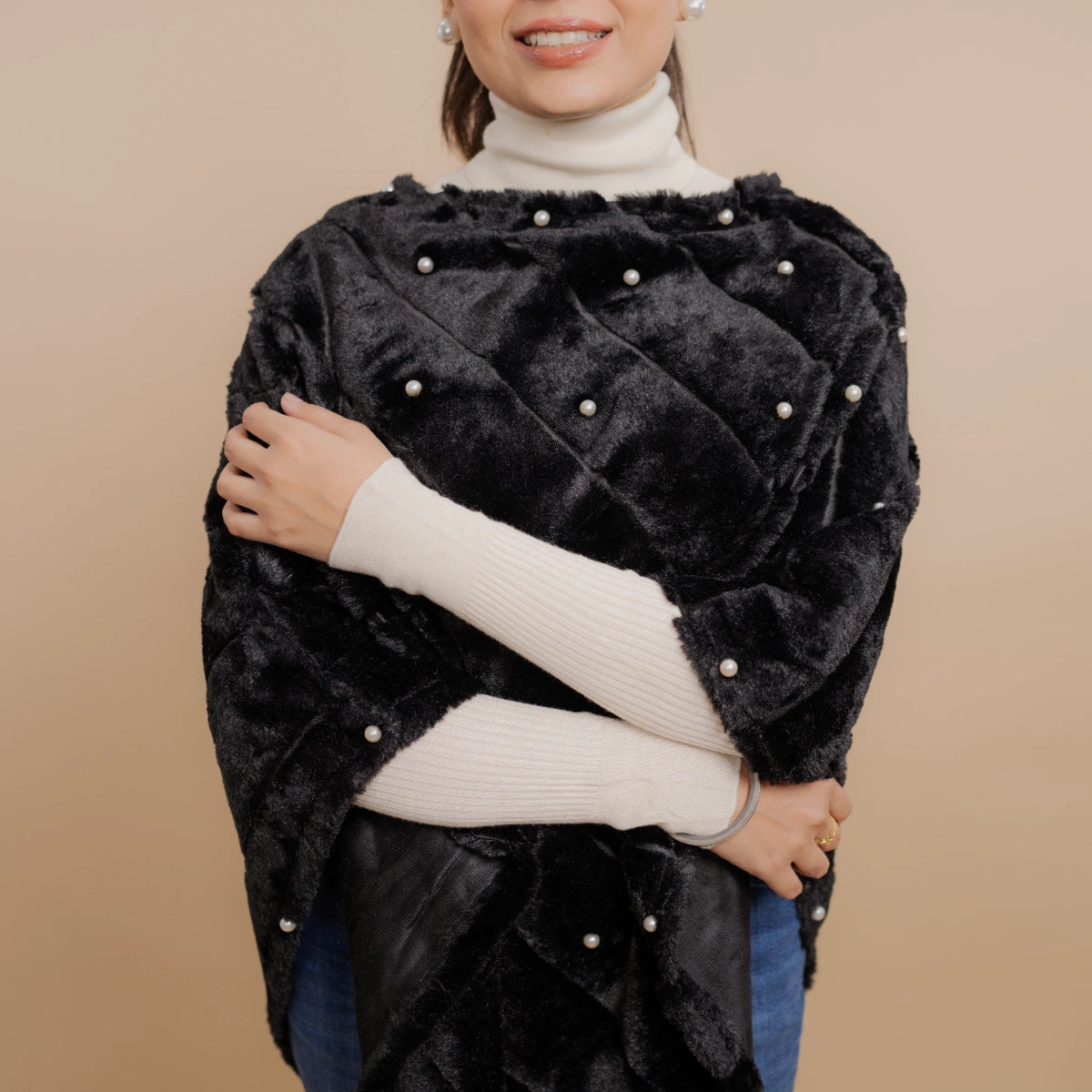 Single Lined Fur Poncho Embellished With Pearls