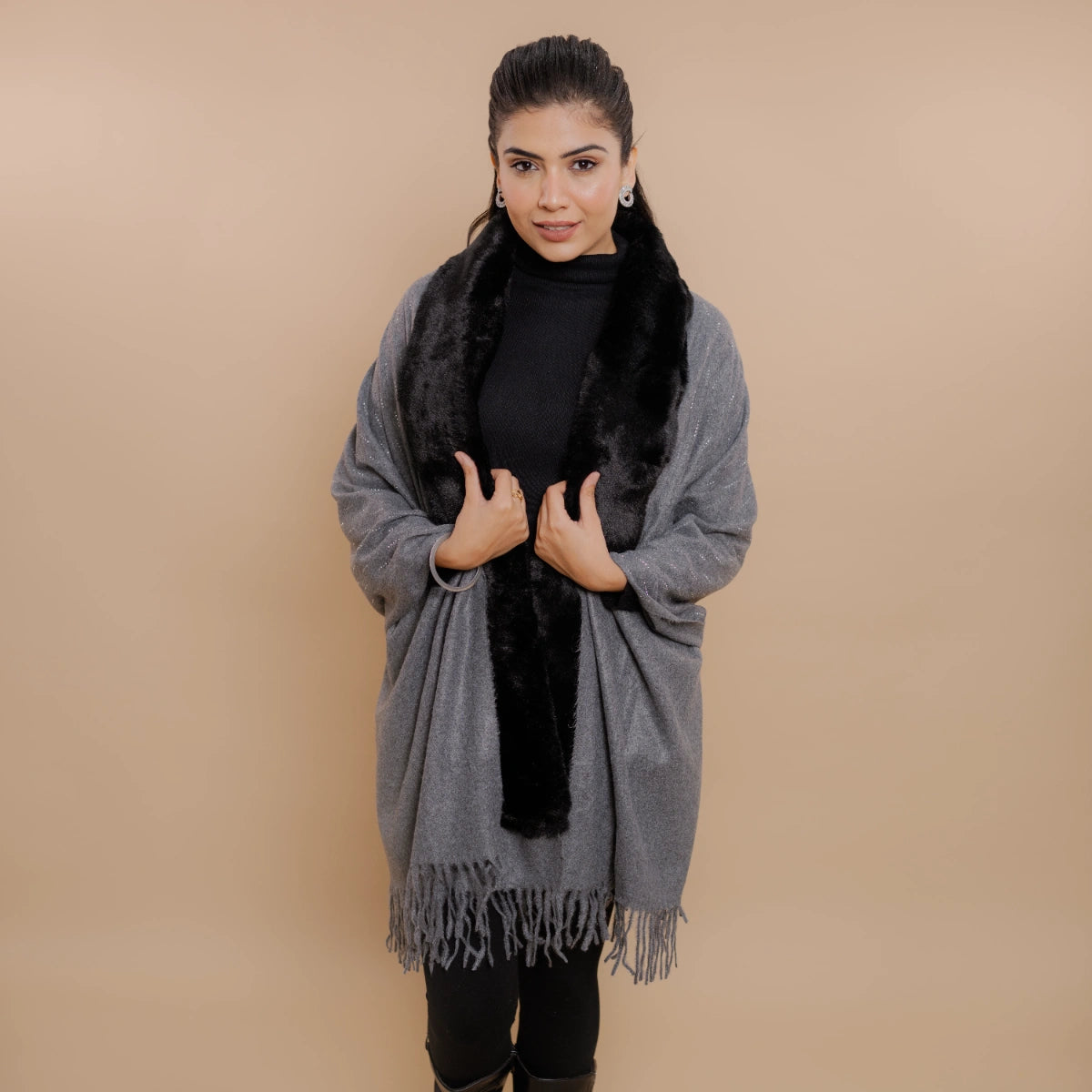 Fur Poncho Cape With Swaroski Embellishments