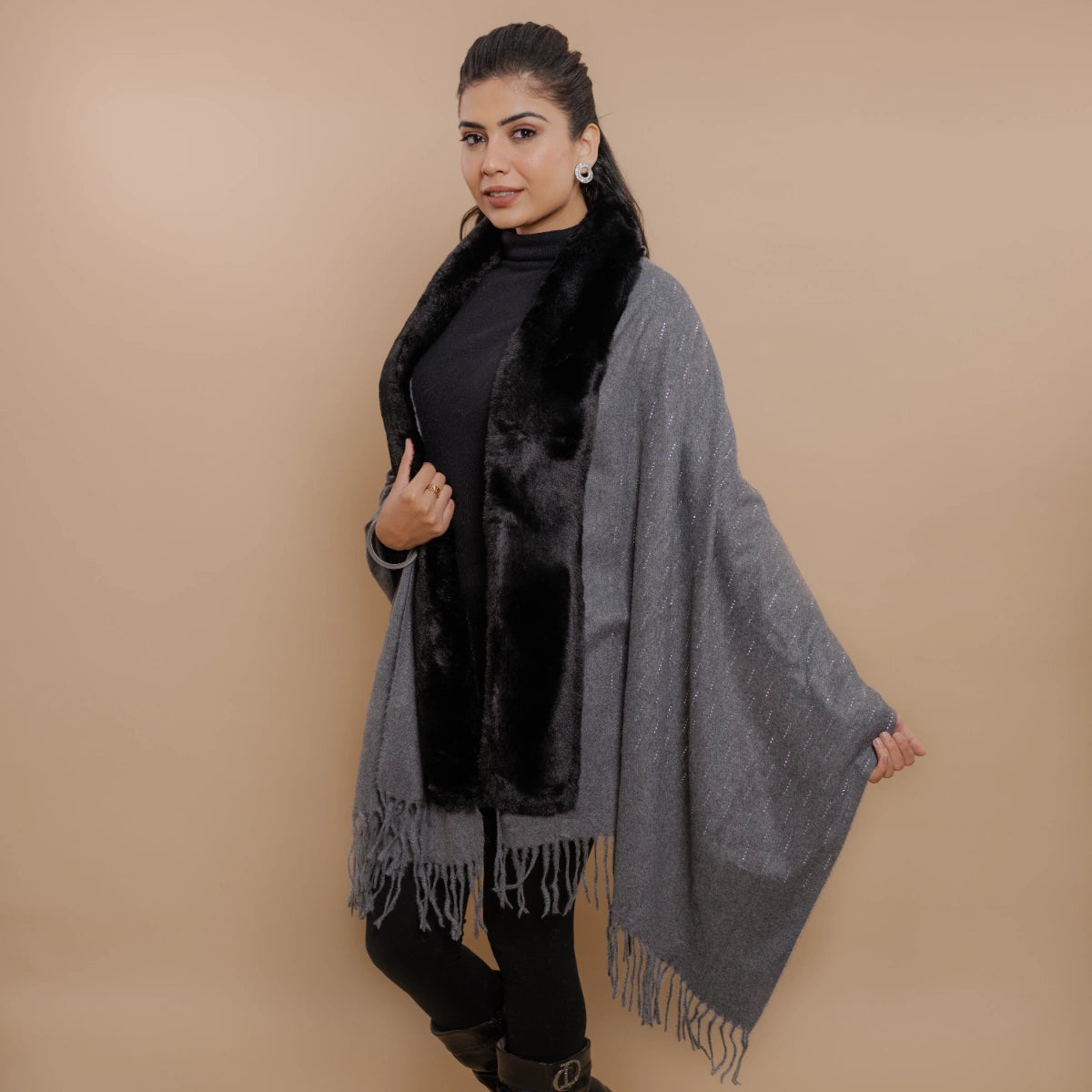 Fur Poncho Cape With Swaroski Embellishments