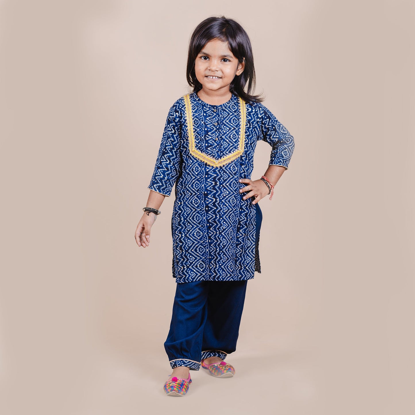 Exquisite Bandhej Rayon Kurta with Gotta Detailing Paired with Harem Pants Set