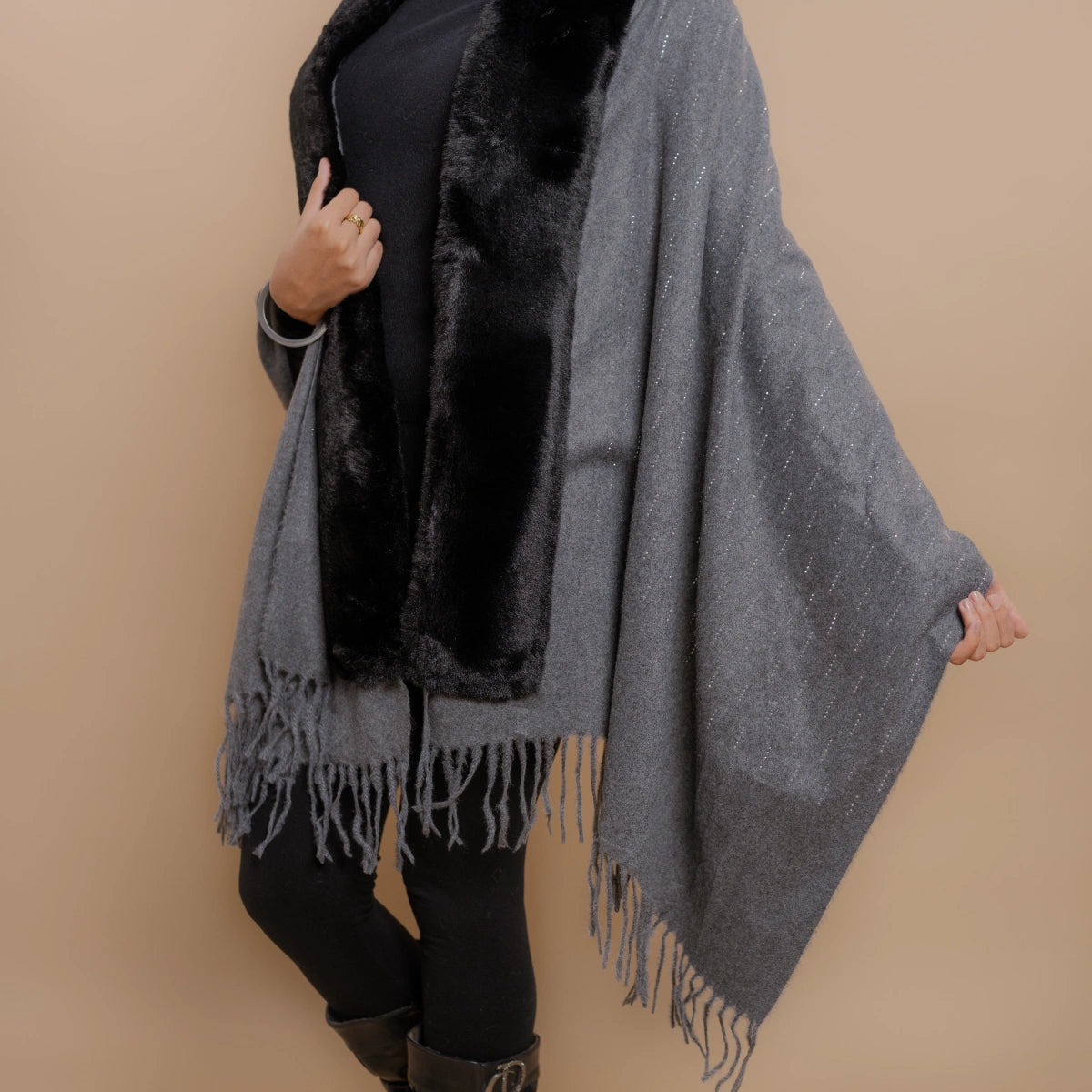 Fur Poncho Cape With Swaroski Embellishments