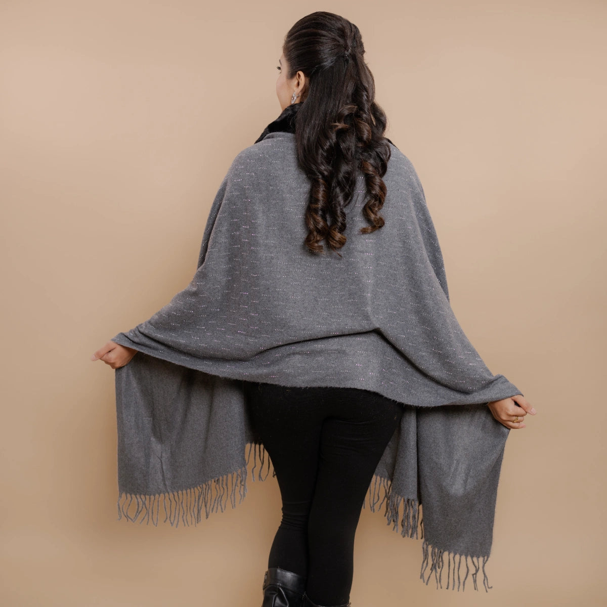 Fur Poncho Cape With Swaroski Embellishments