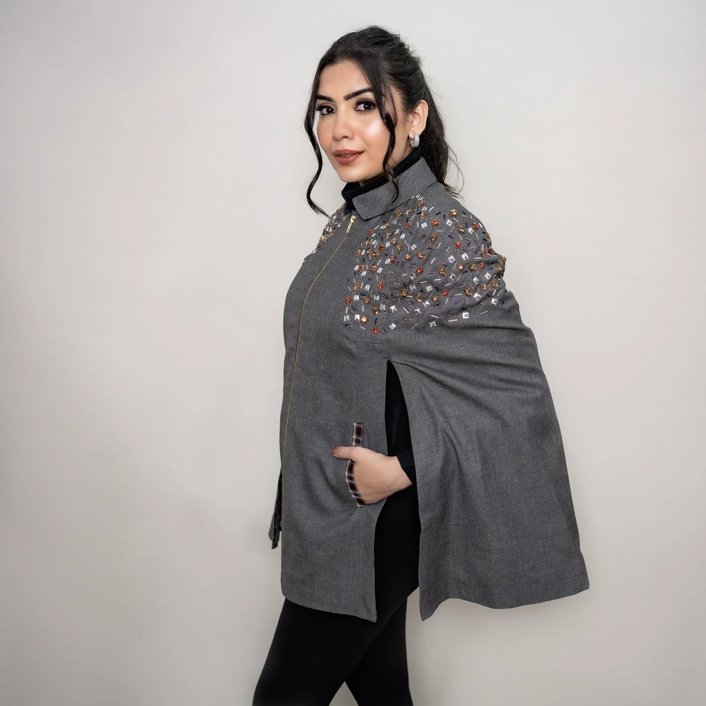 Multicolor Stone Cape: Hand-Embellished Twill Pashmina with Metallic Zipper