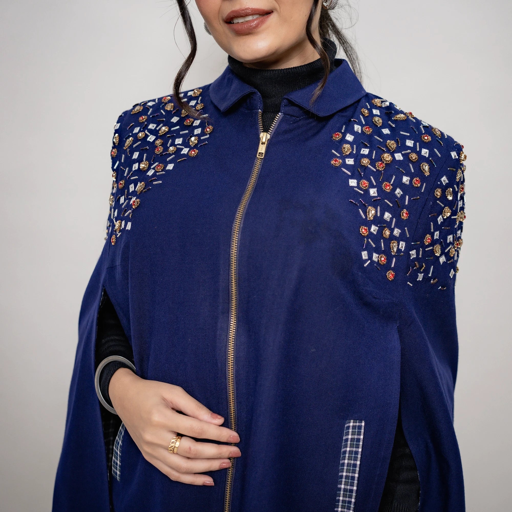 Multicolor Stone Cape: Hand-Embellished Twill Pashmina with Metallic Zipper