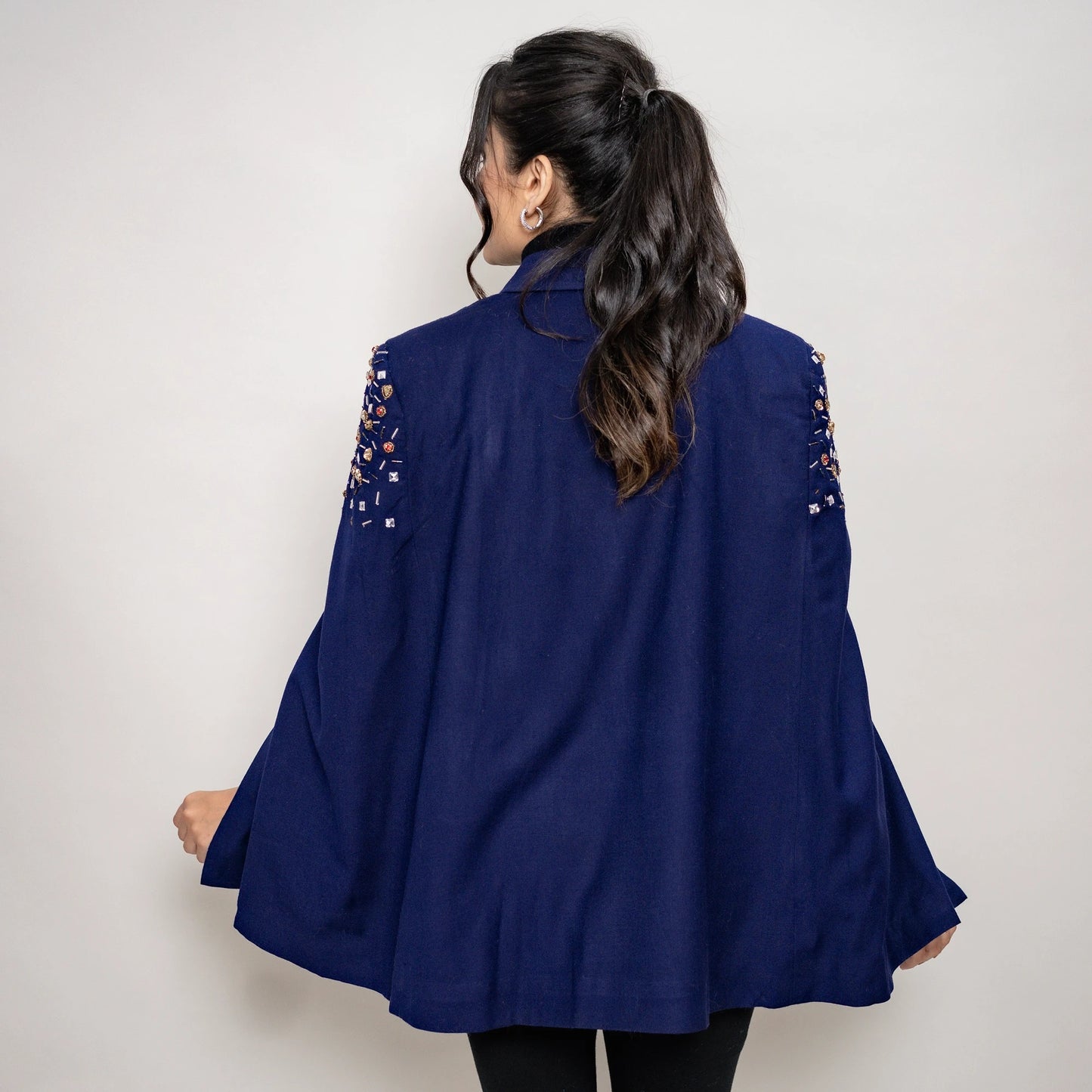 Multicolor Stone Cape: Hand-Embellished Twill Pashmina with Metallic Zipper