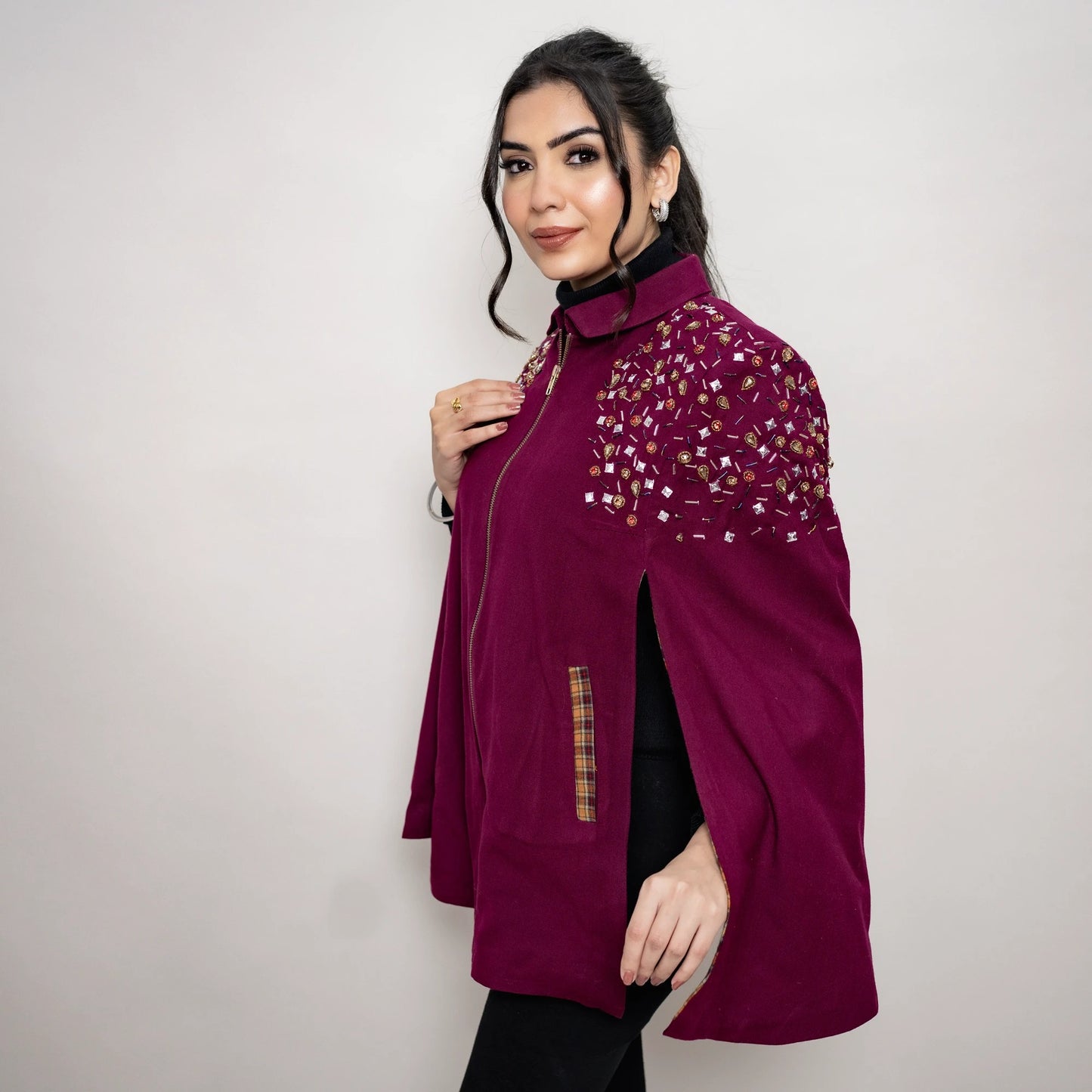 Multicolor Stone Cape: Hand-Embellished Twill Pashmina with Metallic Zipper