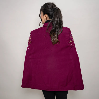 Multicolor Stone Cape: Hand-Embellished Twill Pashmina with Metallic Zipper