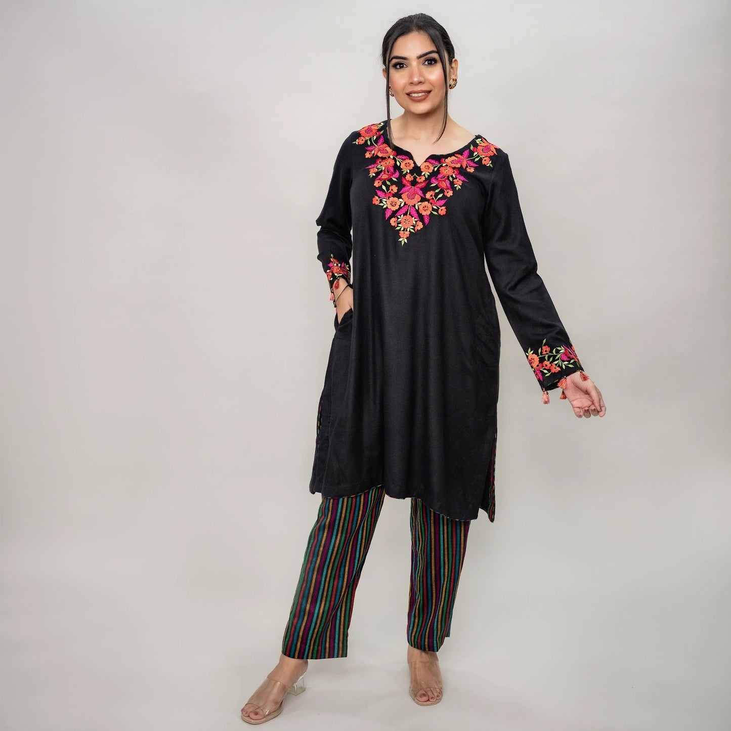 Thread Embroidered Phiran: Spun Pashmina with Striped Narrow Pants