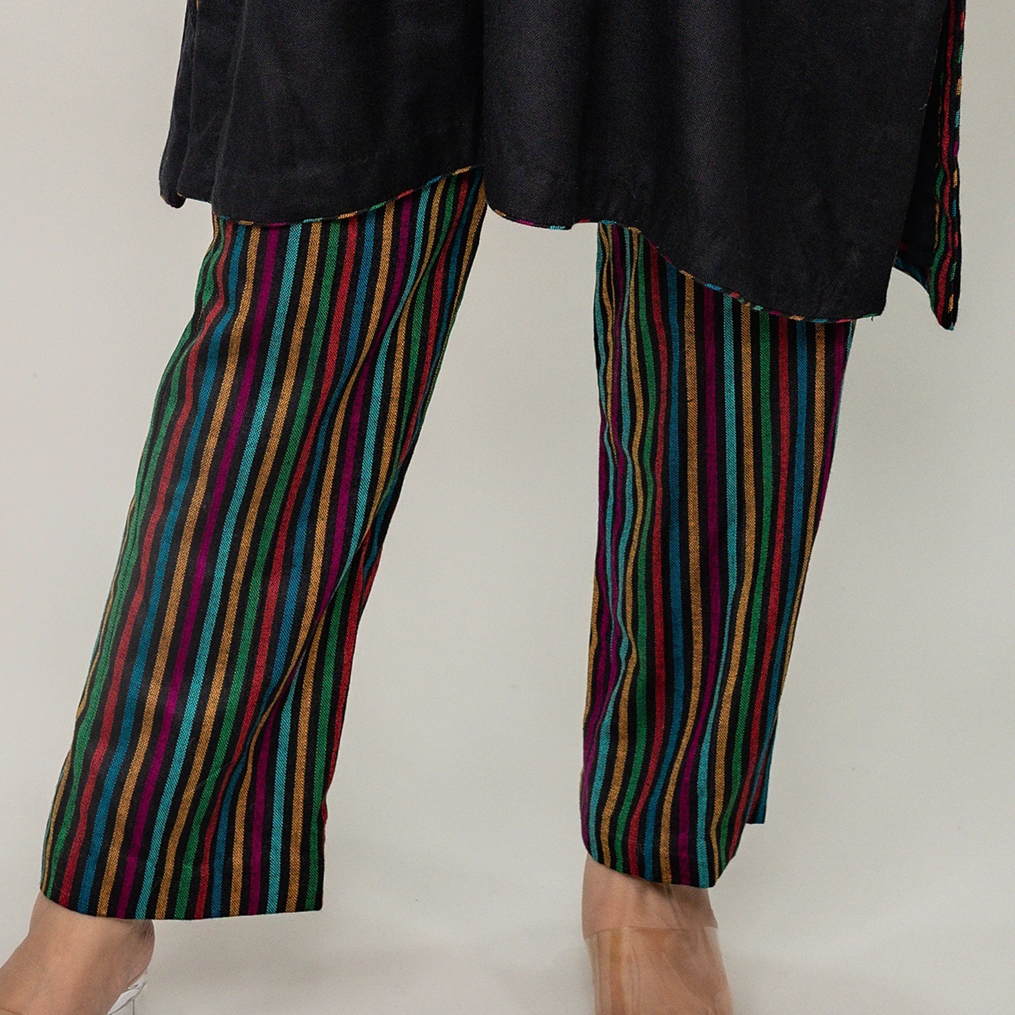 Thread Embroidered Phiran: Spun Pashmina with Striped Narrow Pants