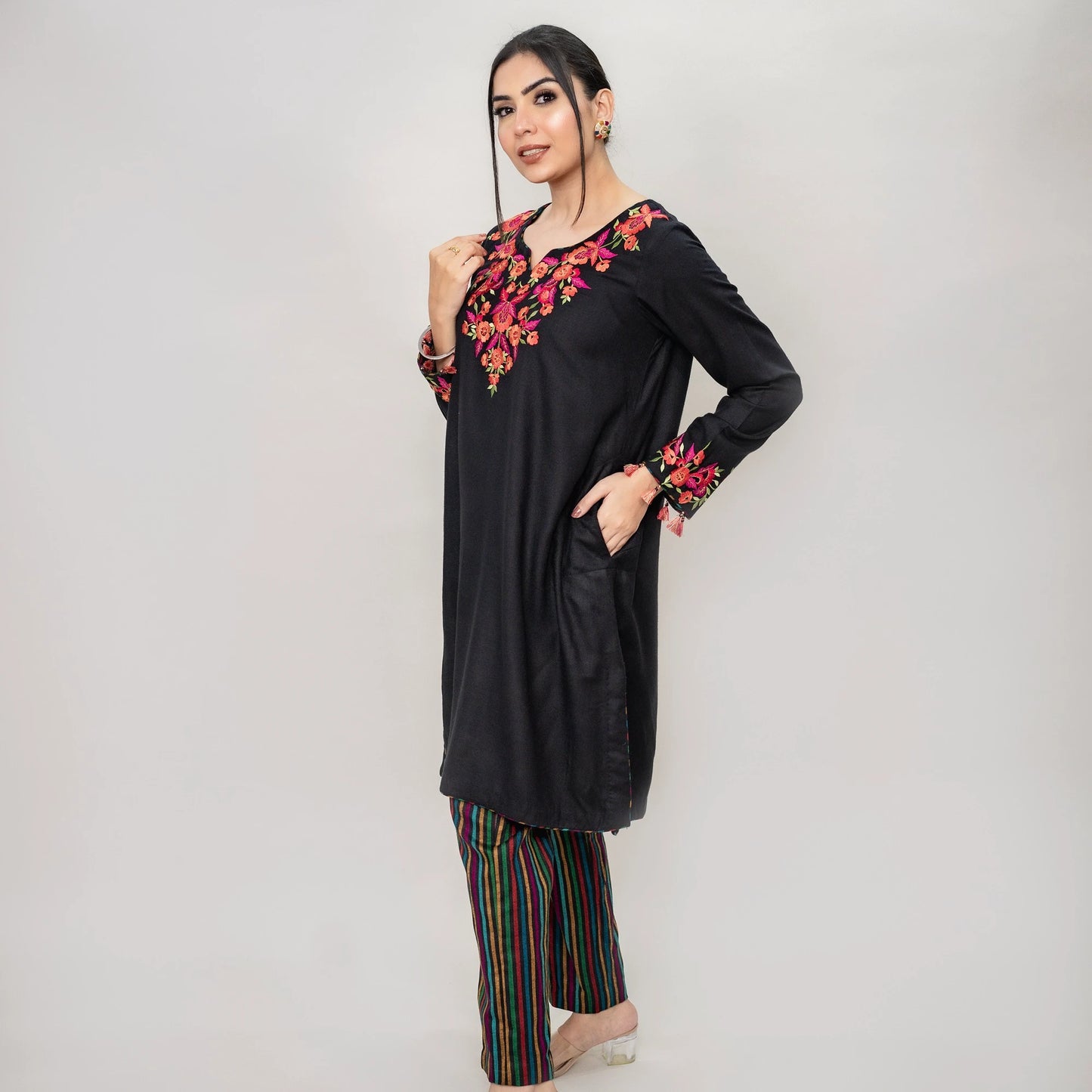 Thread Embroidered Phiran: Spun Pashmina with Striped Narrow Pants