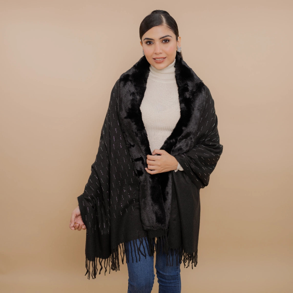 Fur Poncho Cape With Swaroski Embellishments