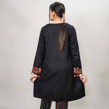 Thread Embroidered Phiran: Spun Pashmina with Striped Narrow Pants