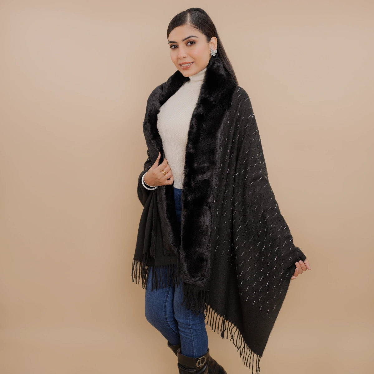 Fur Poncho Cape With Swaroski Embellishments