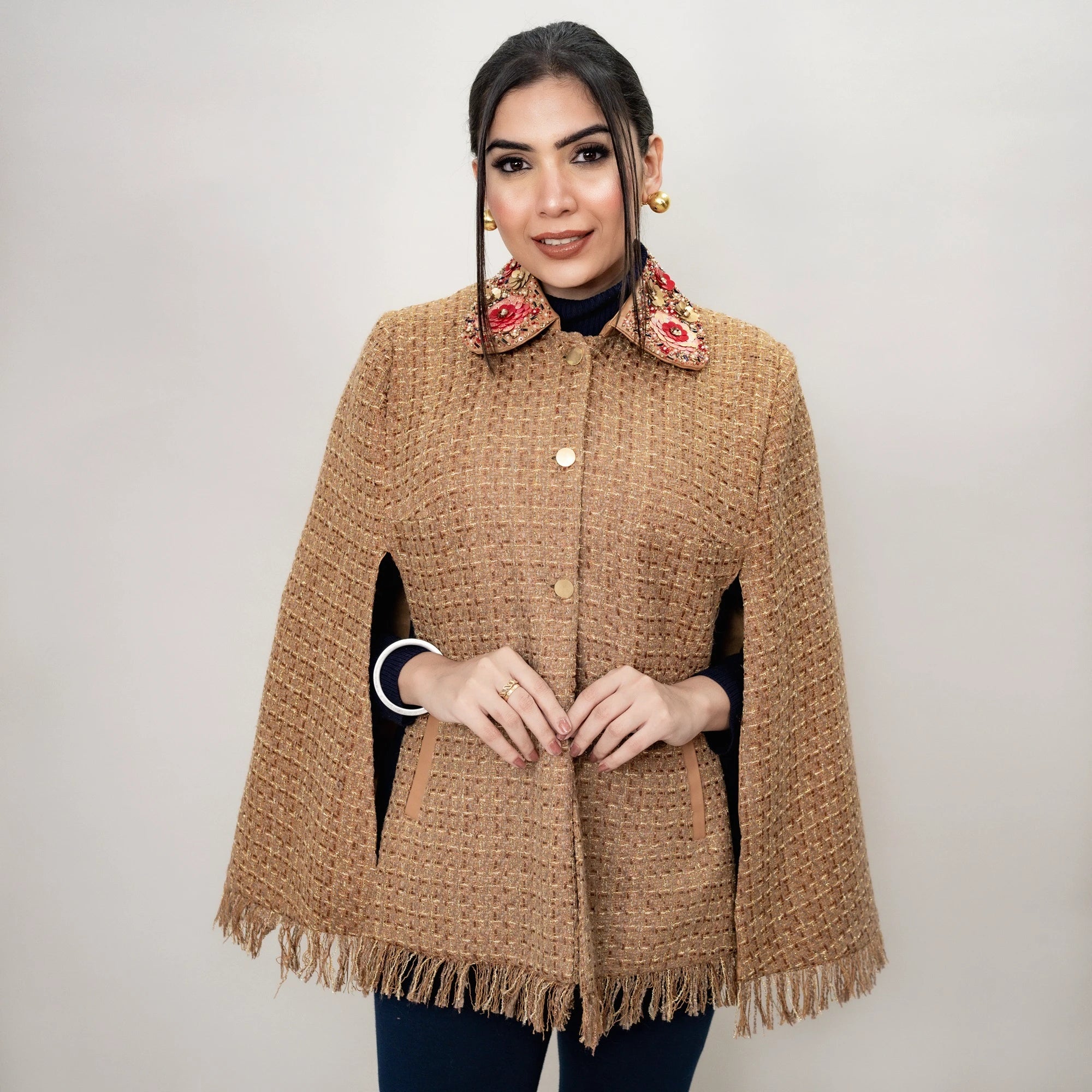 Lurex Tweed Cape: Leatherite Peter Pan Collar