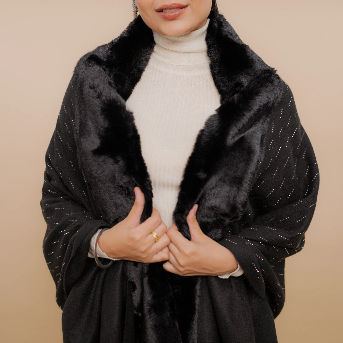 Fur Poncho Cape With Swaroski Embellishments