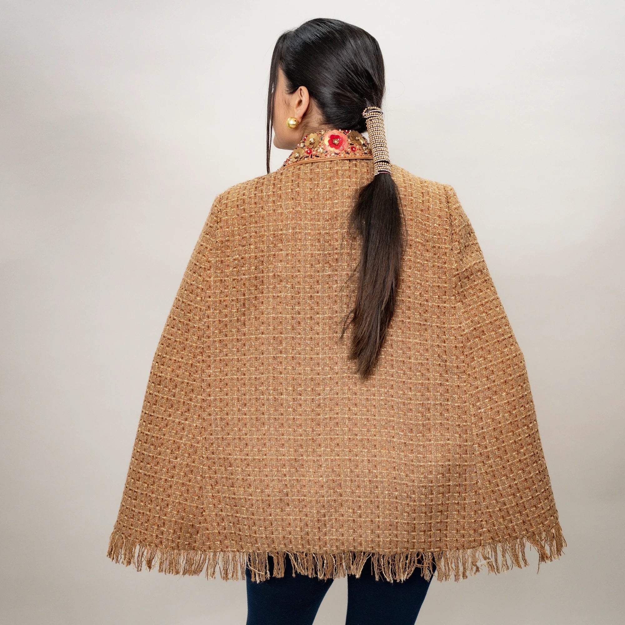 Lurex Tweed Cape: Leatherite Peter Pan Collar