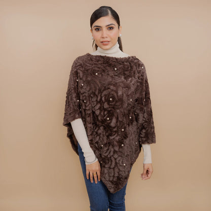 Single Lined Fur Poncho Embellished With Pearls