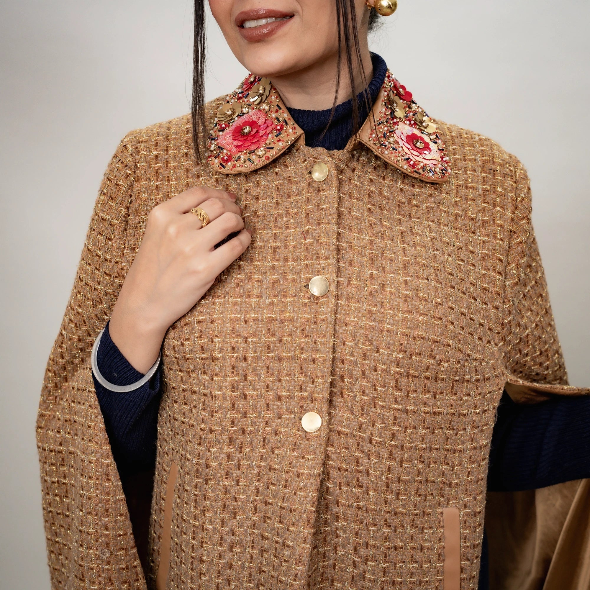 Lurex Tweed Cape: Leatherite Peter Pan Collar