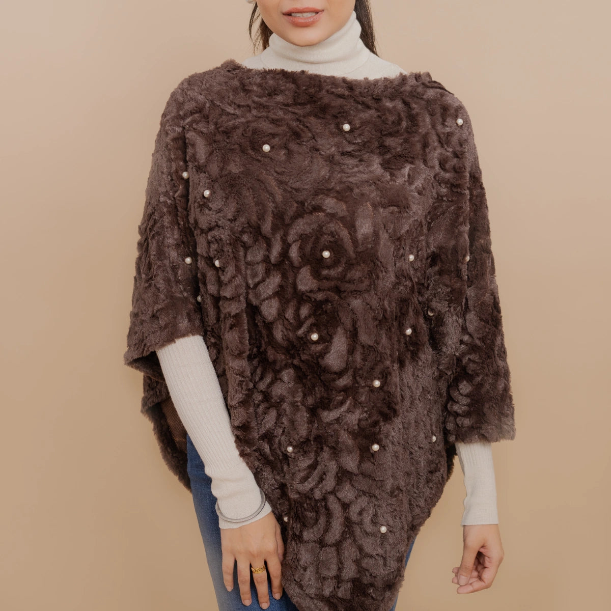 Single Lined Fur Poncho Embellished With Pearls