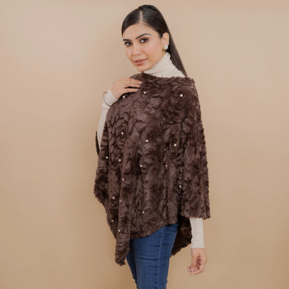 Single Lined Fur Poncho Embellished With Pearls