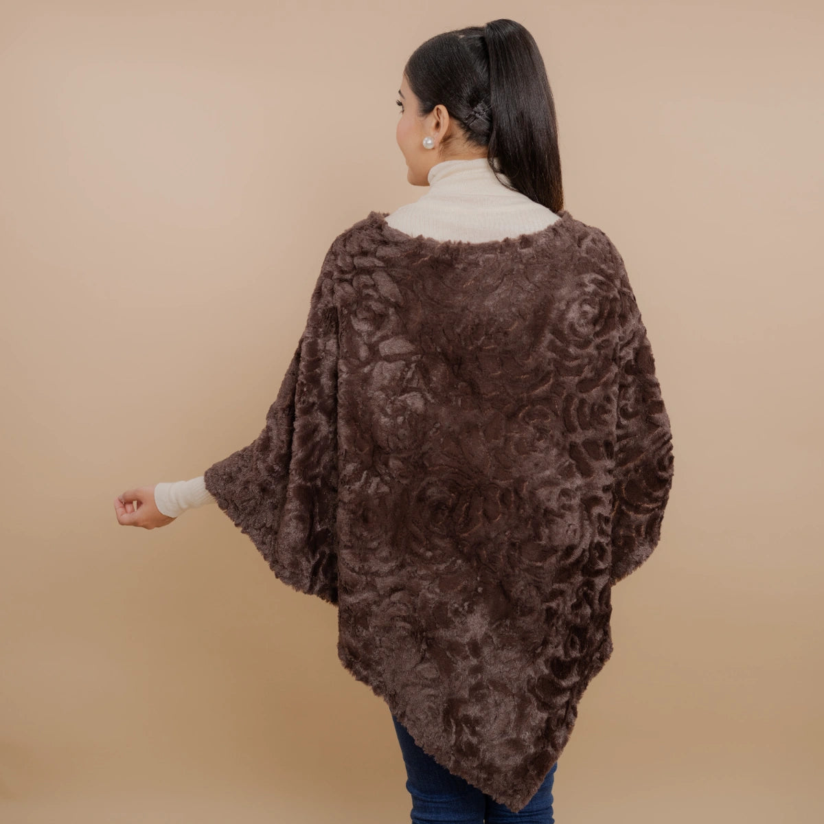 Single Lined Fur Poncho Embellished With Pearls