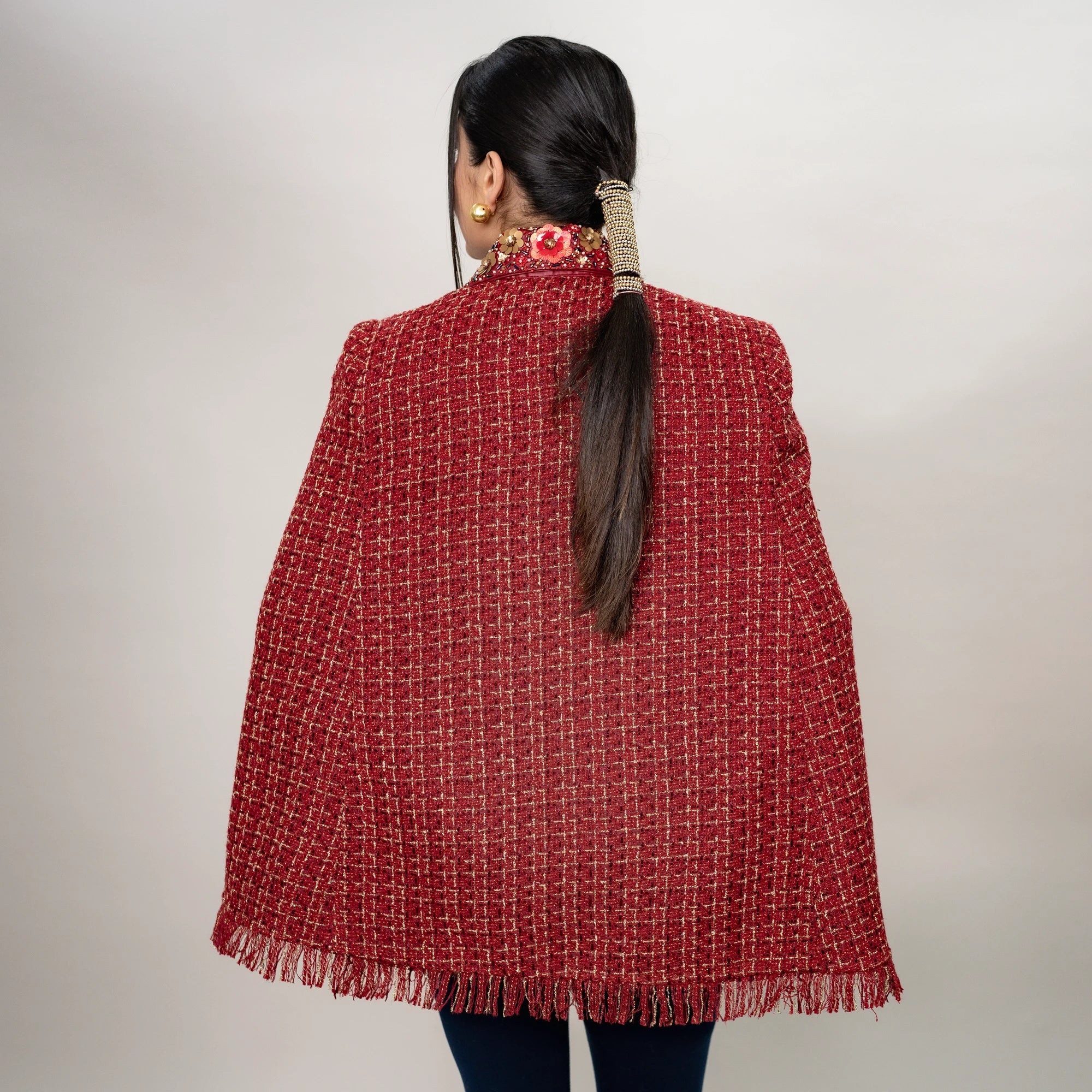 Lurex Tweed Cape: Leatherite Peter Pan Collar