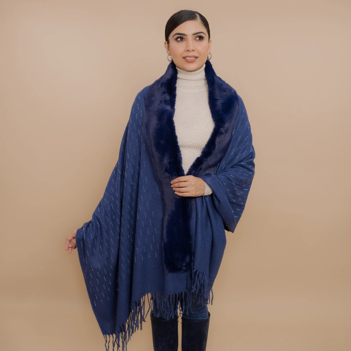 Fur Poncho Cape With Swaroski Embellishments