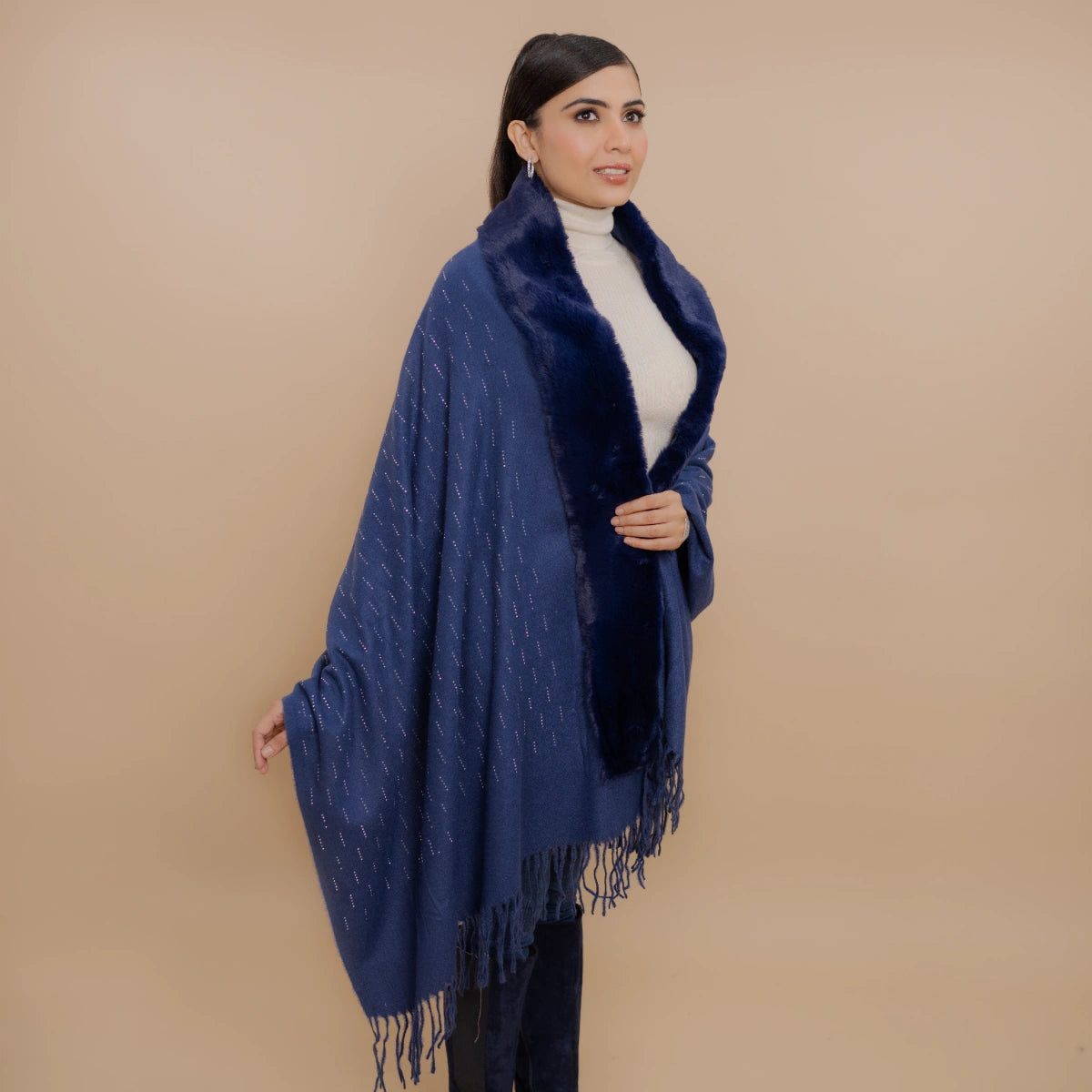 Fur Poncho Cape With Swaroski Embellishments