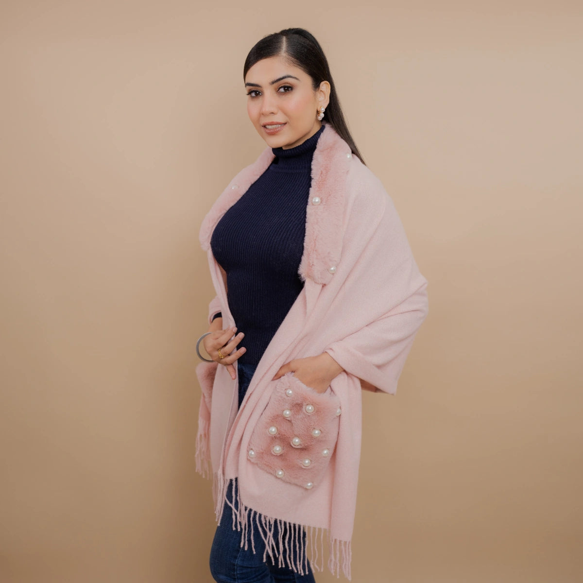 Wool Pashmina Poncho Strole with Fur