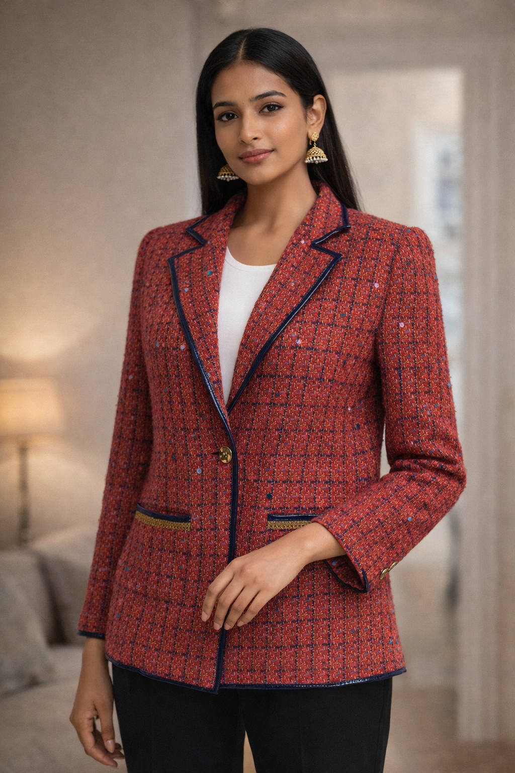 Rust Red Textured Tweed Blazer