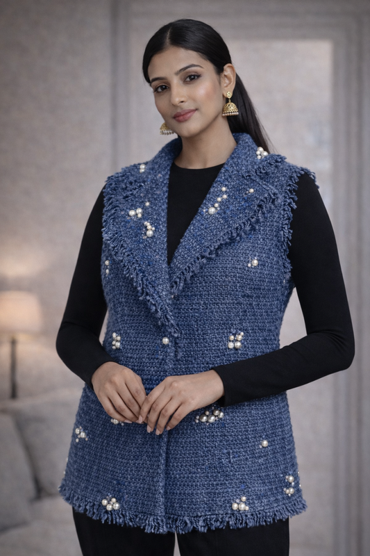 Blue Tweed Waistcoat with Pearl Embellishments