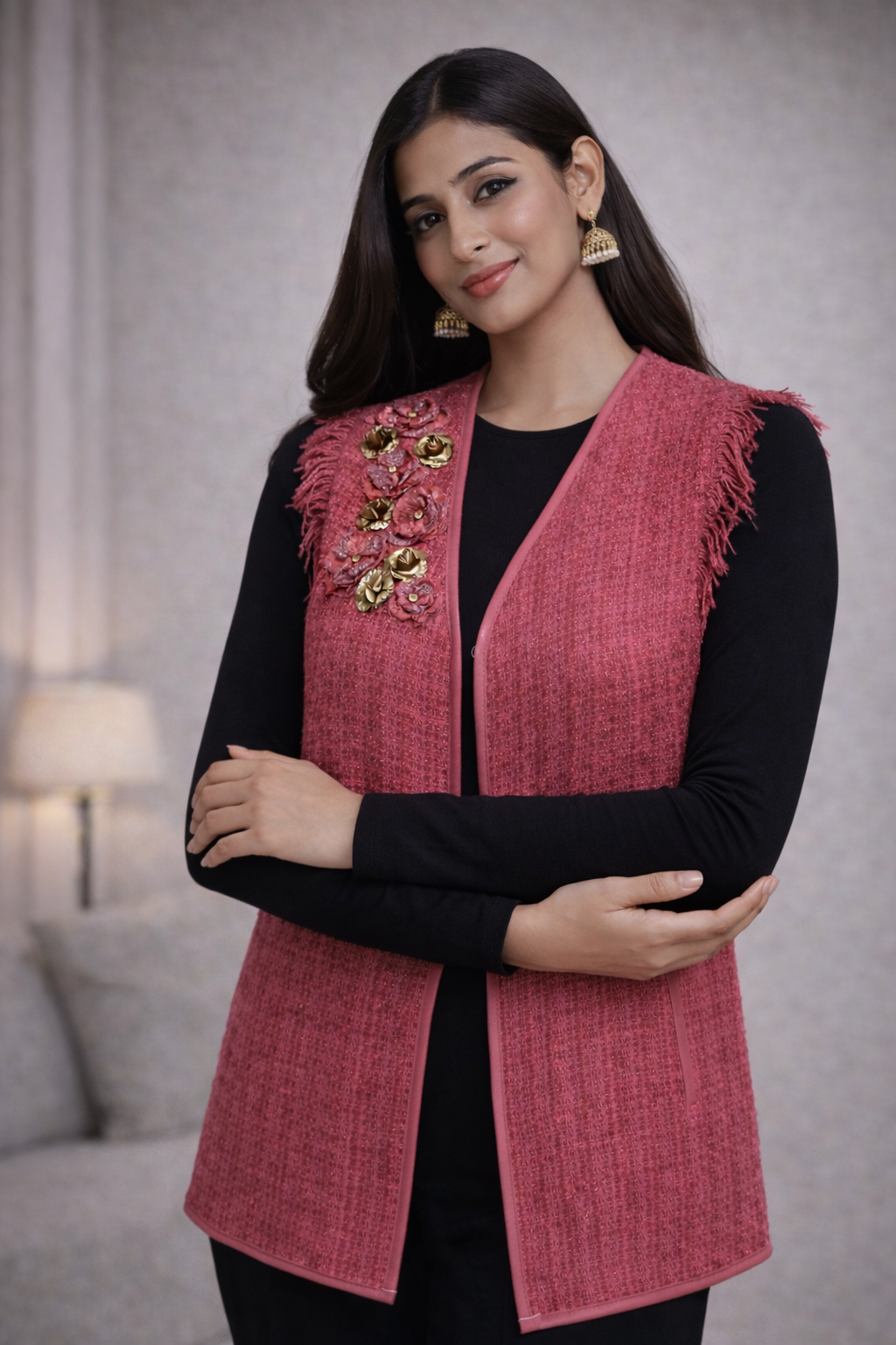 Textured Tweed Waistcoat with Floral Embellishment