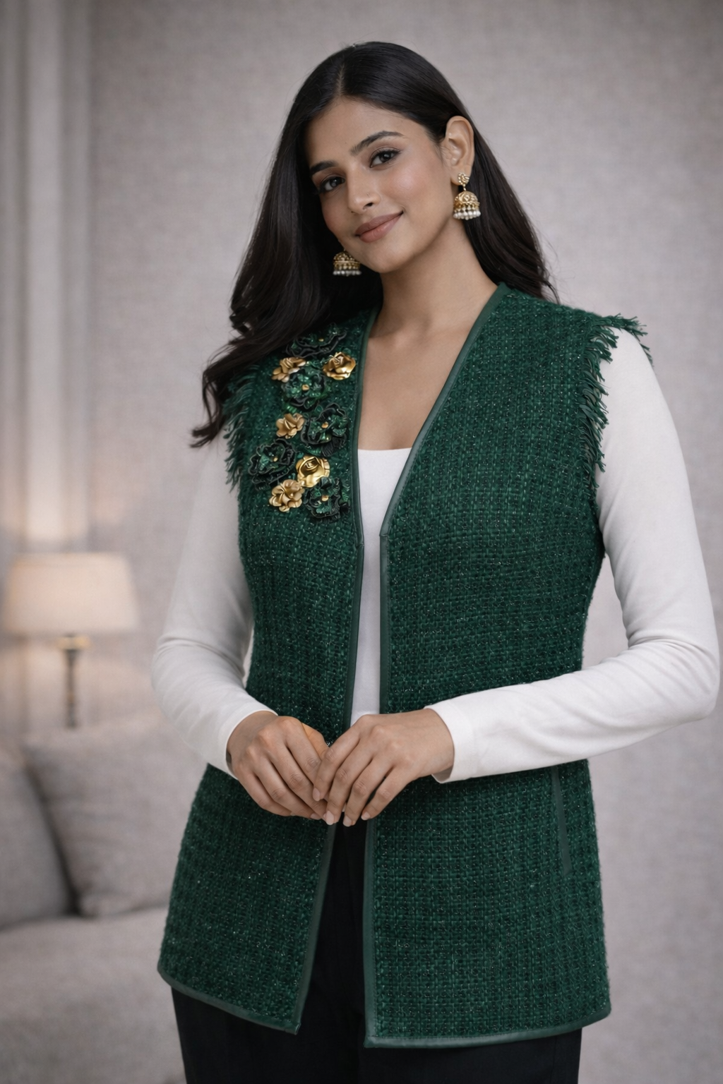 Textured Tweed Waistcoat with Floral Embellishment