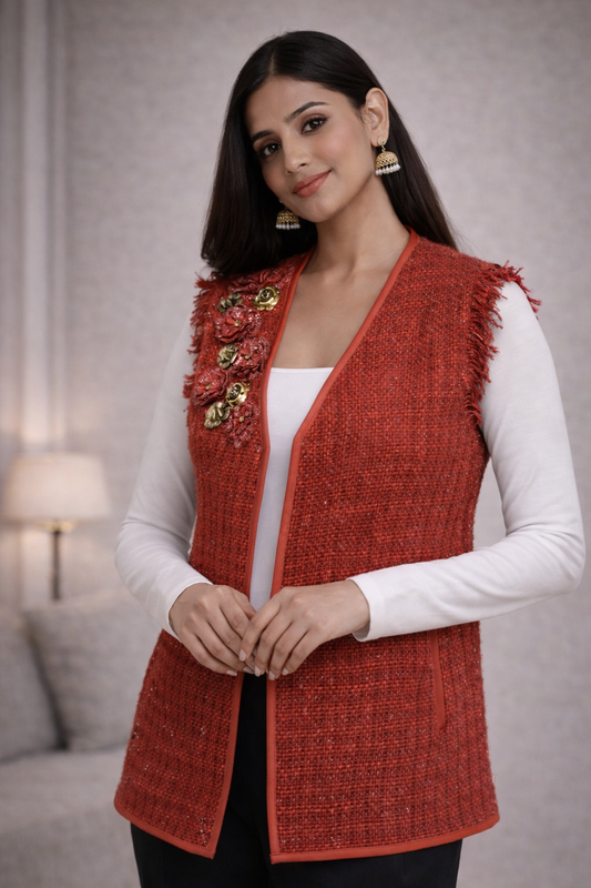 Textured Tweed Waistcoat with Floral Embellishment