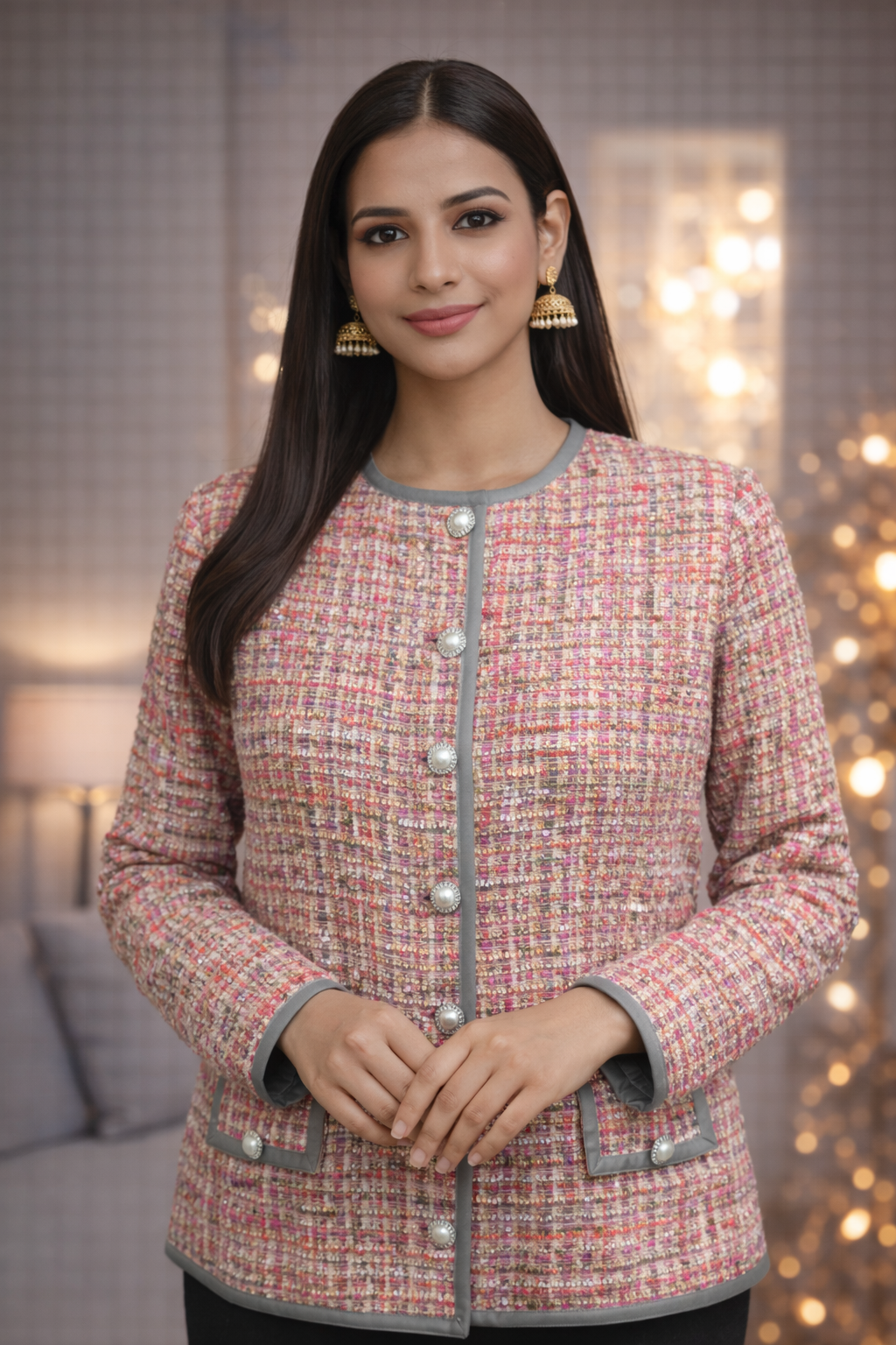 Multicolour Textured Tweed Jacket with Pearl Buttons