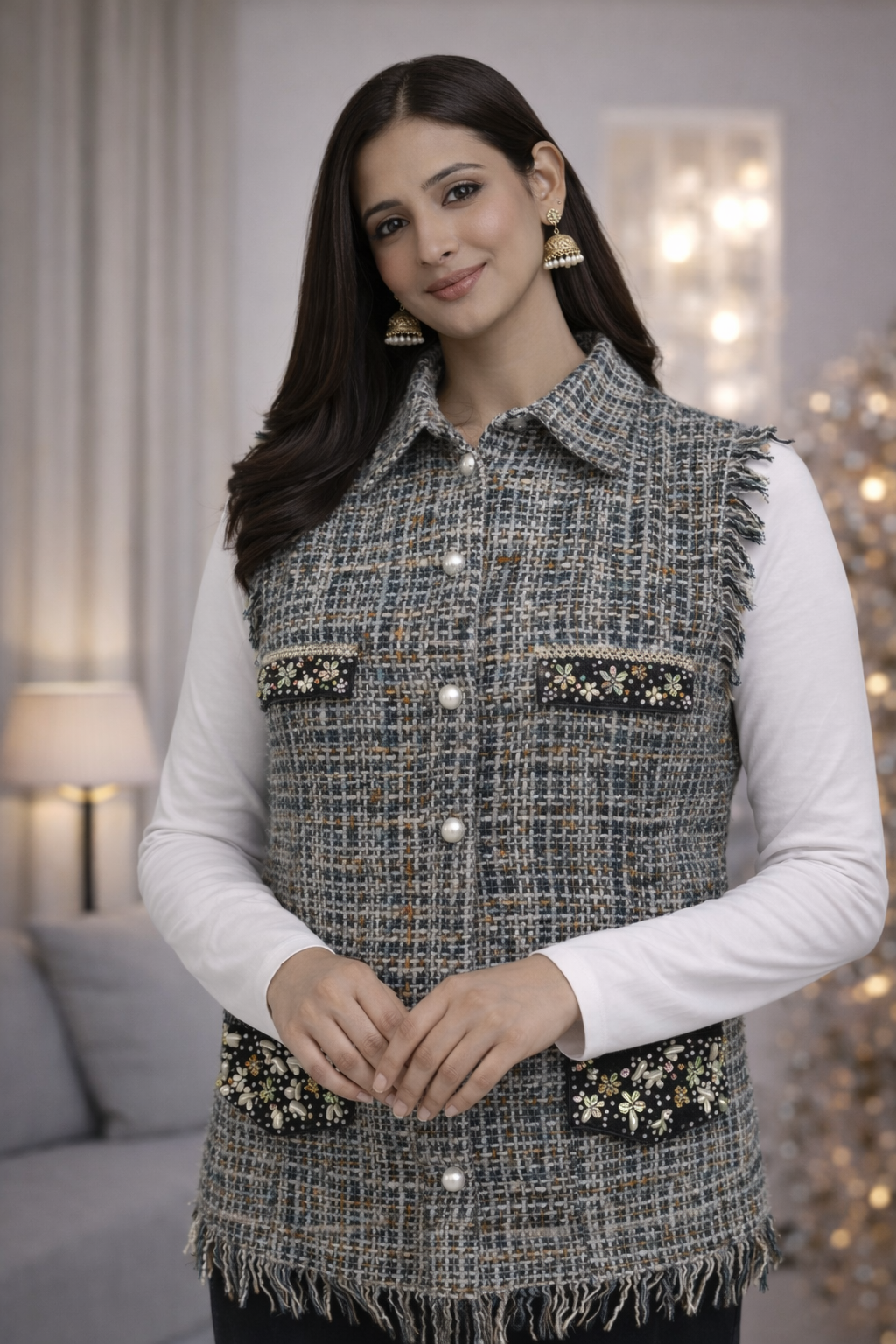 Grey Textured Tweed Waistcoat with Embellished Pocket