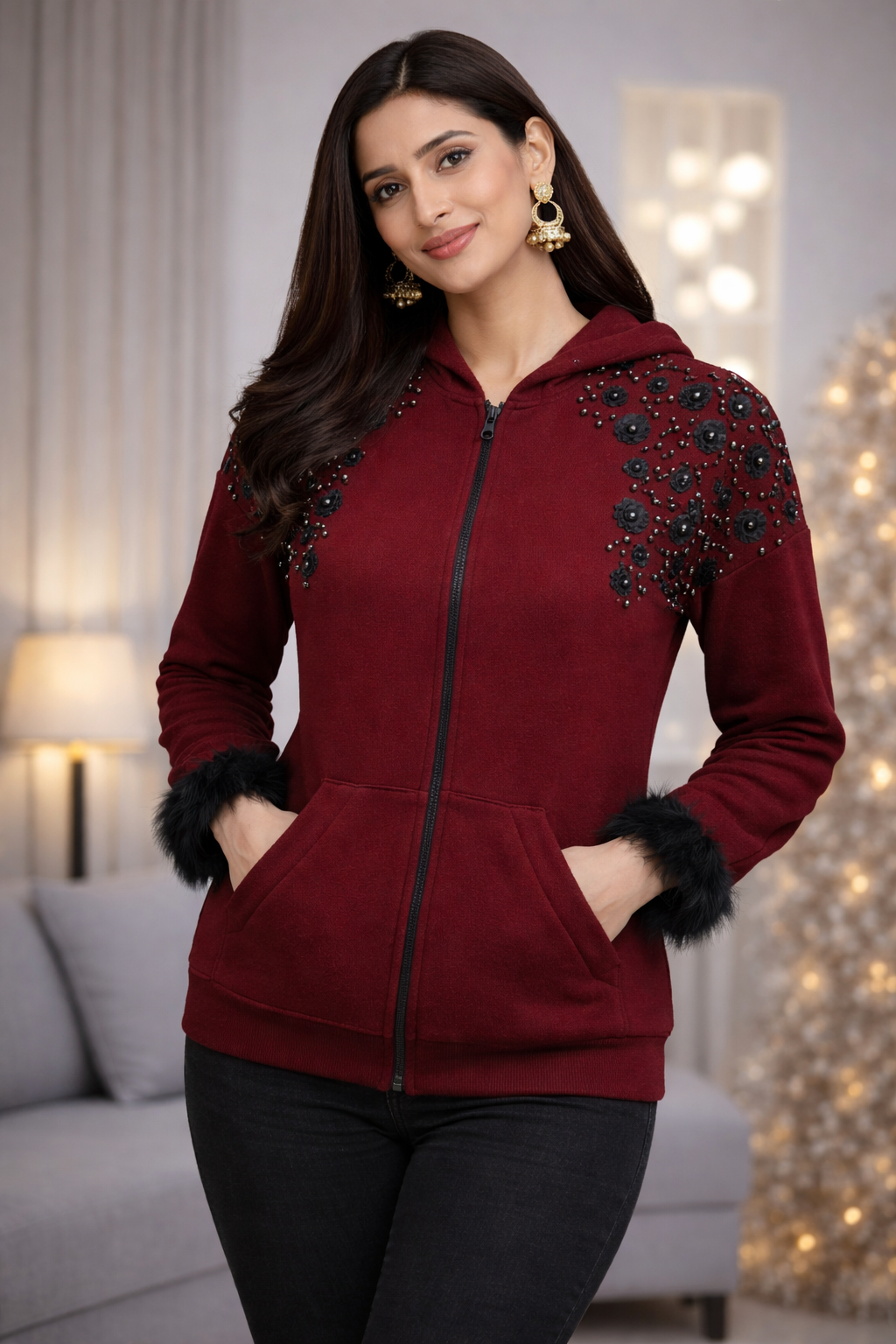 Wine Red Embellished Hooded Jacket with Faux Fur Cuffs