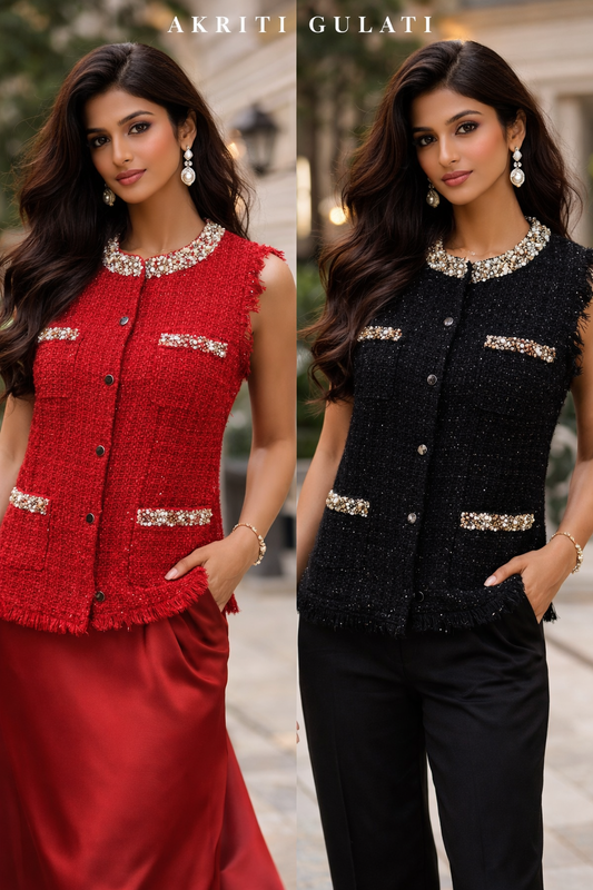 Embellished Tweed Sleeveless Coat
