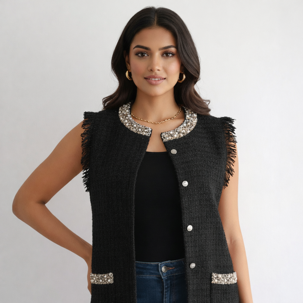 Embellished Tweed Sleeveless Coat