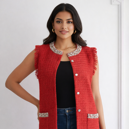 Embellished Tweed Sleeveless Coat