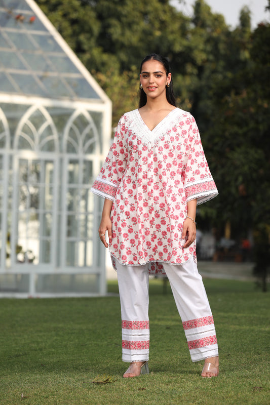 Chambric Cotton Delight - V-Neck Floral Kurta with White Pants
