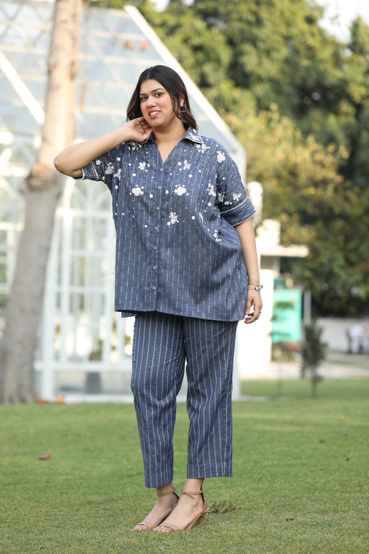 White Sequin Embroidered Chabray Co-Ord with Pearl Lace Detailing