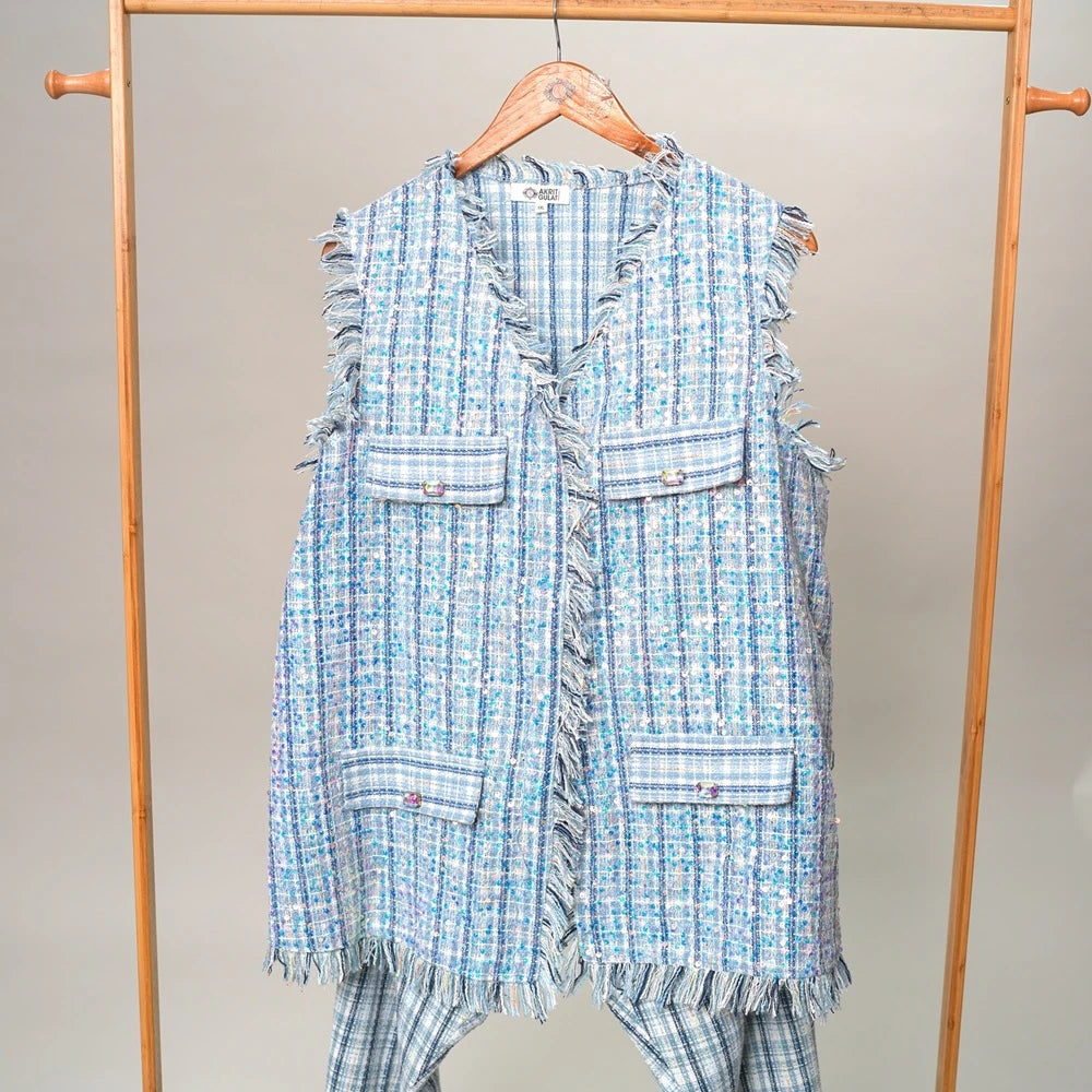 Shop Online Blue Denim Embellished Winter Sleeveless Jacket – Lady India