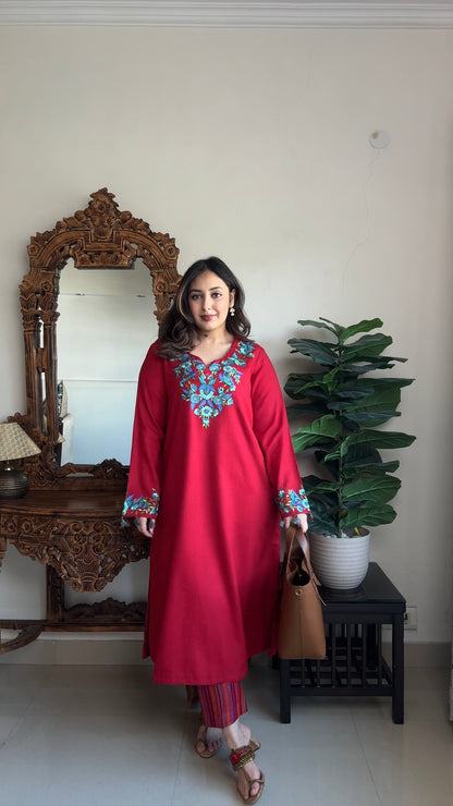 Thread Embroidered Phiran: Spun Pashmina with Striped Narrow Pants